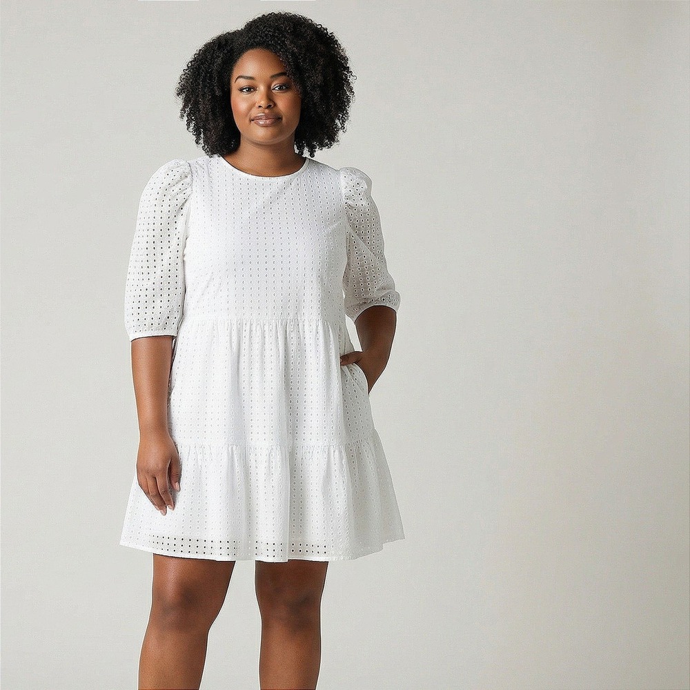 A New Day White Eyelet Puff Sleeve Tiered Mini Dress Womens Plus‎ Size 2X Pocket